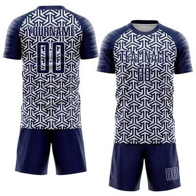 Custom Navy White Geometric Arrow Sublimation Soccer Uniform Jersey