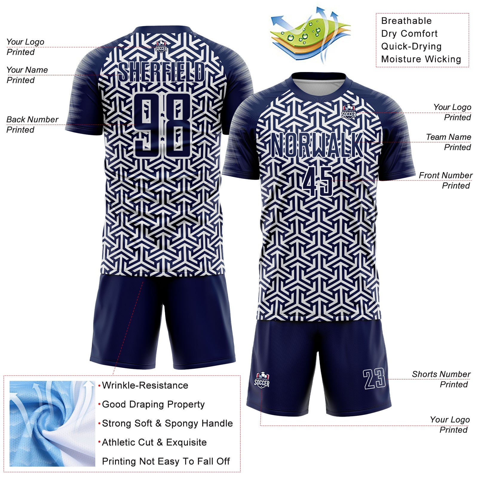 Custom Navy White Geometric Arrow Sublimation Soccer Uniform Jersey