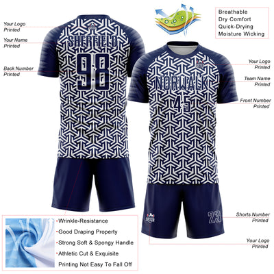 Custom Navy White Geometric Arrow Sublimation Soccer Uniform Jersey