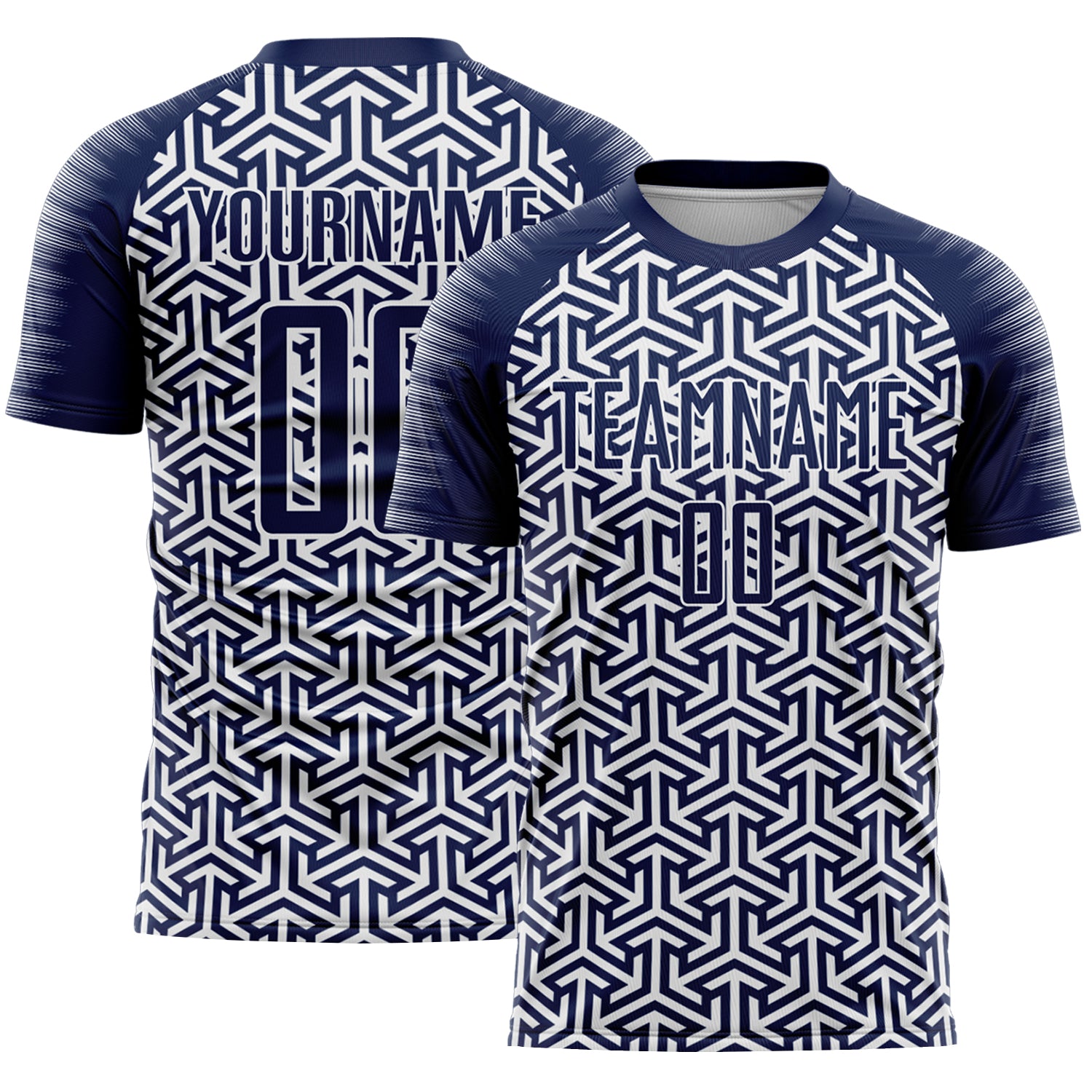 Custom Navy White Geometric Arrow Sublimation Soccer Uniform Jersey