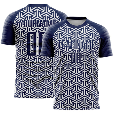 Custom Navy White Geometric Arrow Sublimation Soccer Uniform Jersey
