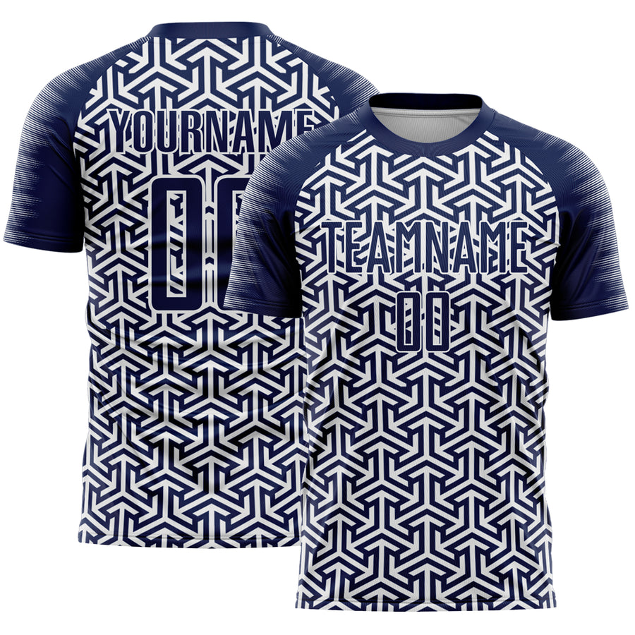 Custom Navy White Geometric Arrow Sublimation Soccer Uniform Jersey