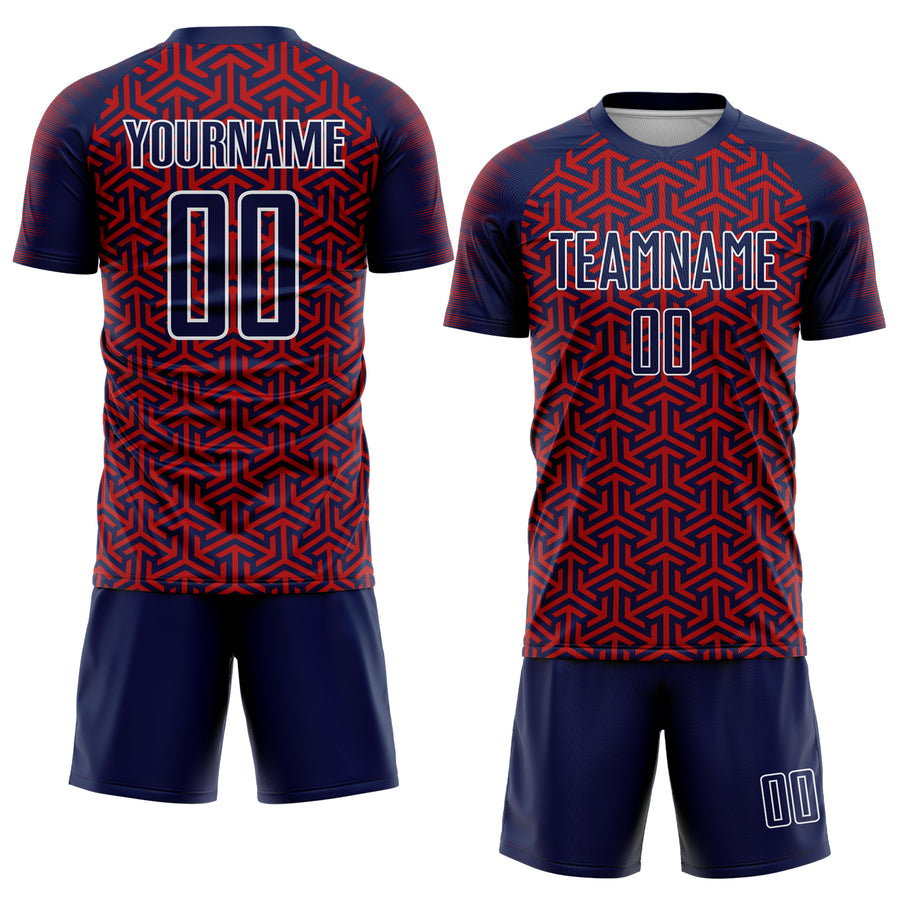 Custom Navy Red-White Geometric Arrow Sublimation Soccer Uniform Jersey