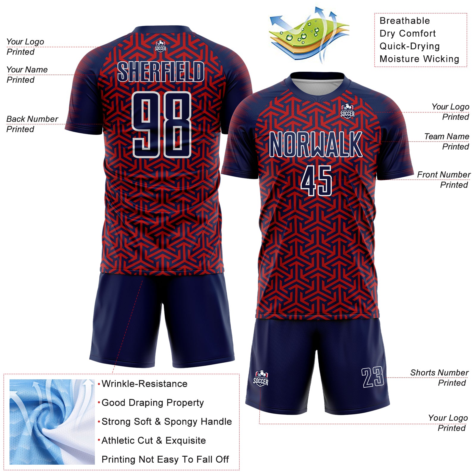 Custom Navy Red-White Geometric Arrow Sublimation Soccer Uniform Jersey