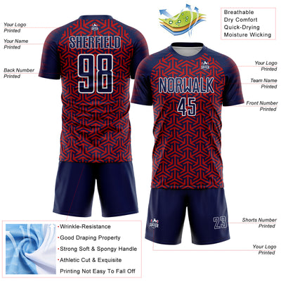 Custom Navy Red-White Geometric Arrow Sublimation Soccer Uniform Jersey