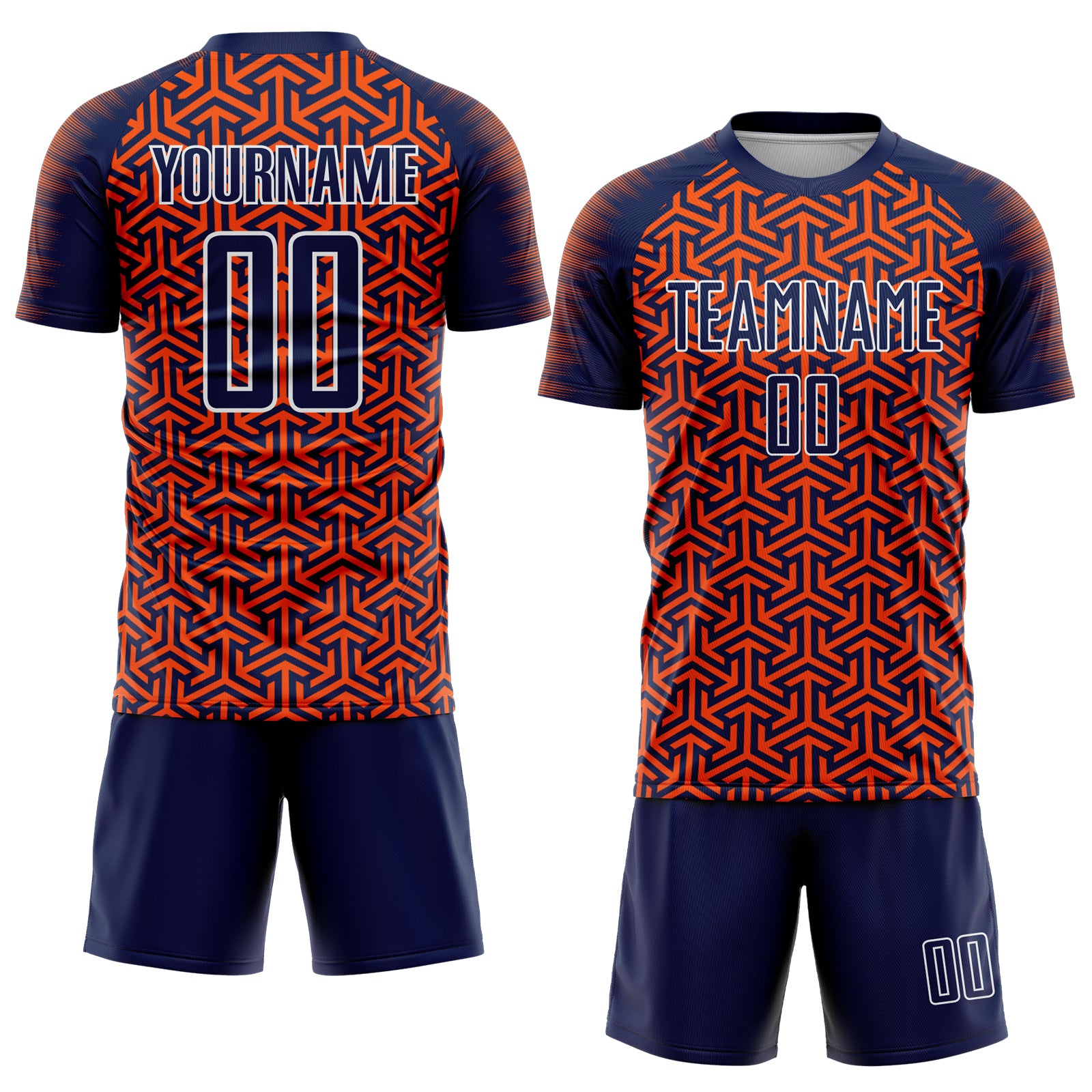 Custom Navy Orange-White Geometric Arrow Sublimation Soccer Uniform Jersey