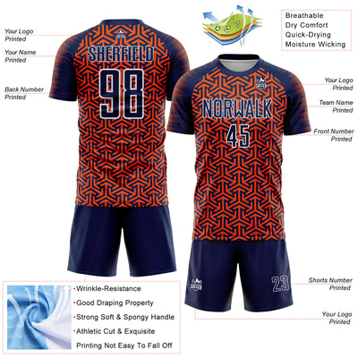 Custom Navy Orange-White Geometric Arrow Sublimation Soccer Uniform Jersey