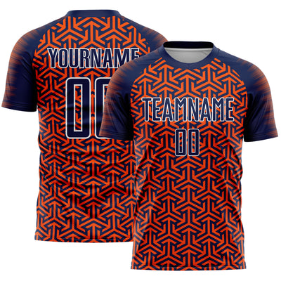 Custom Navy Orange-White Geometric Arrow Sublimation Soccer Uniform Jersey