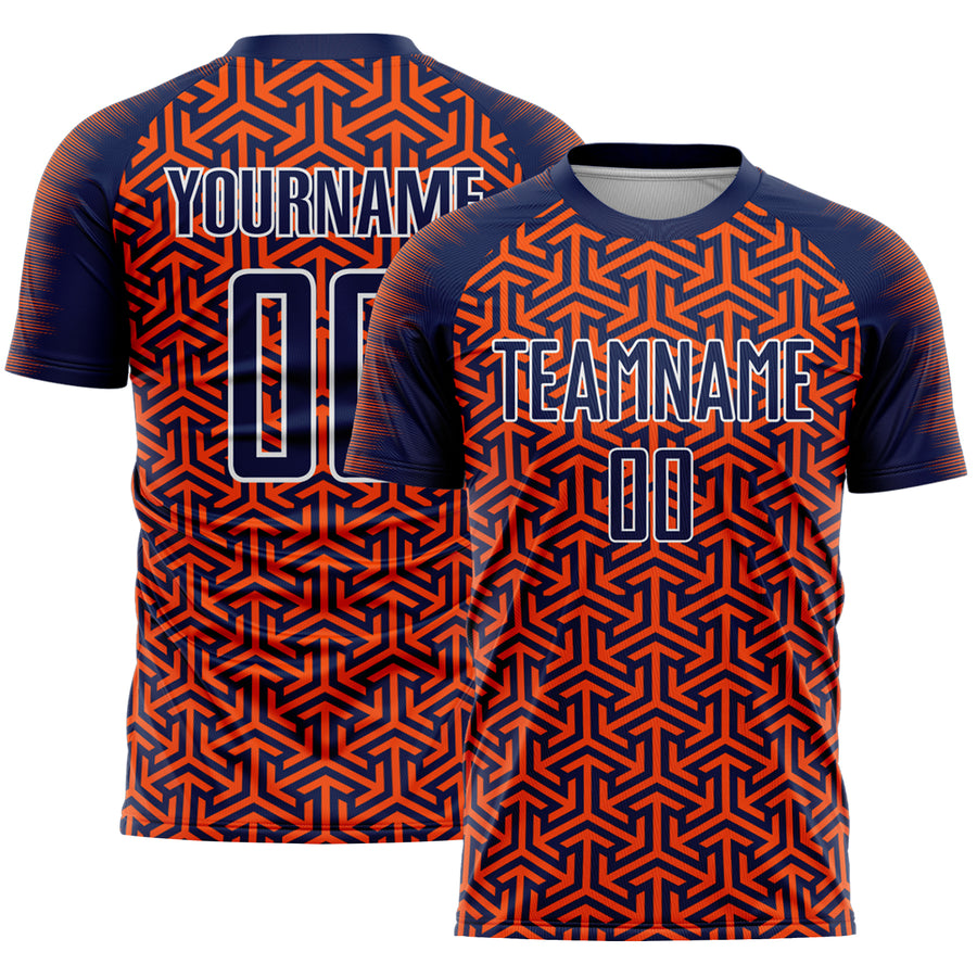 Custom Navy Orange-White Geometric Arrow Sublimation Soccer Uniform Jersey
