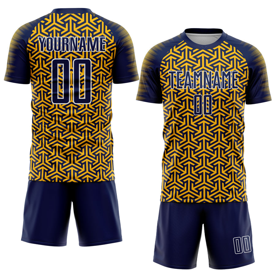 Custom Navy Gold-White Geometric Arrow Sublimation Soccer Uniform Jersey