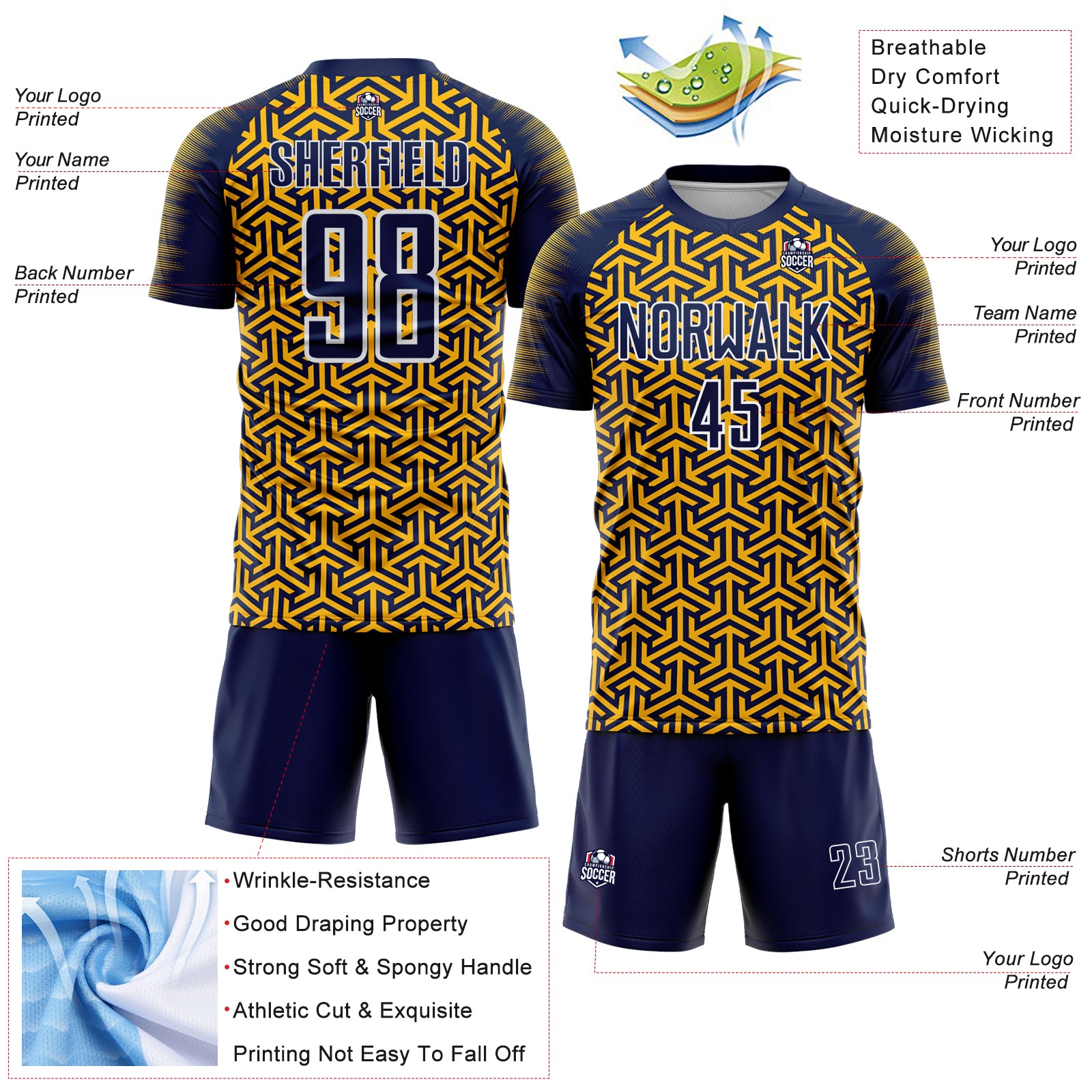 Custom Navy Gold-White Geometric Arrow Sublimation Soccer Uniform Jersey