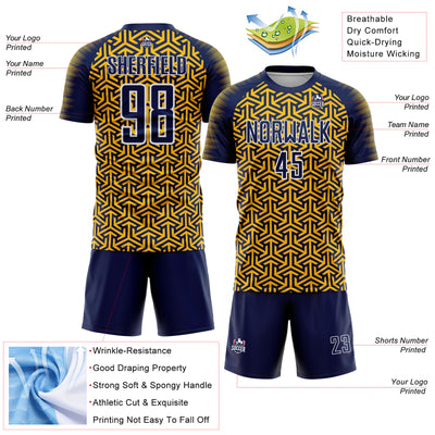 Custom Navy Gold-White Geometric Arrow Sublimation Soccer Uniform Jersey