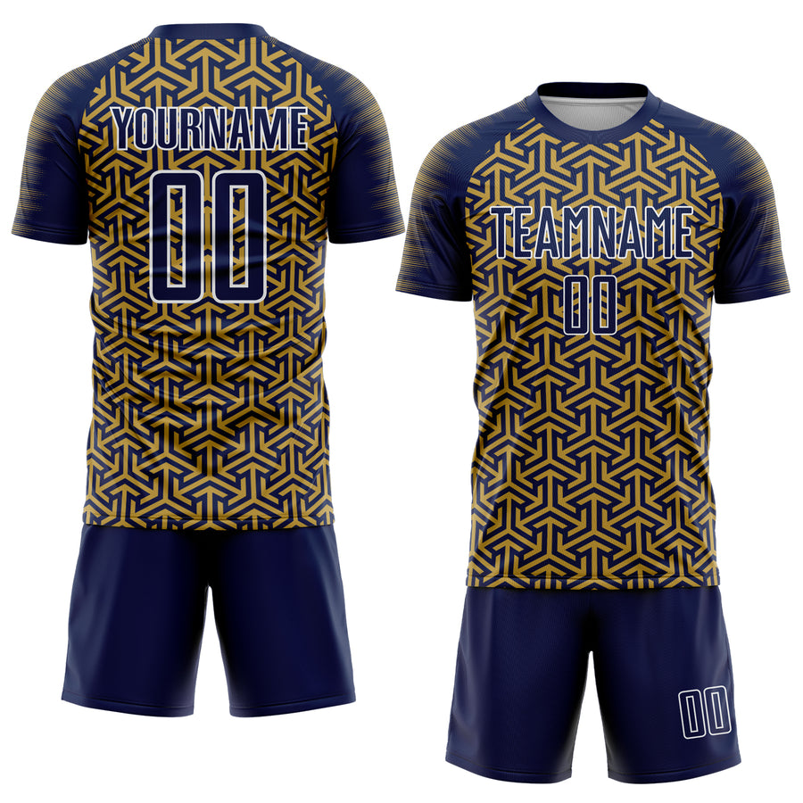 Custom Navy Old Gold-White Geometric Arrow Sublimation Soccer Uniform Jersey