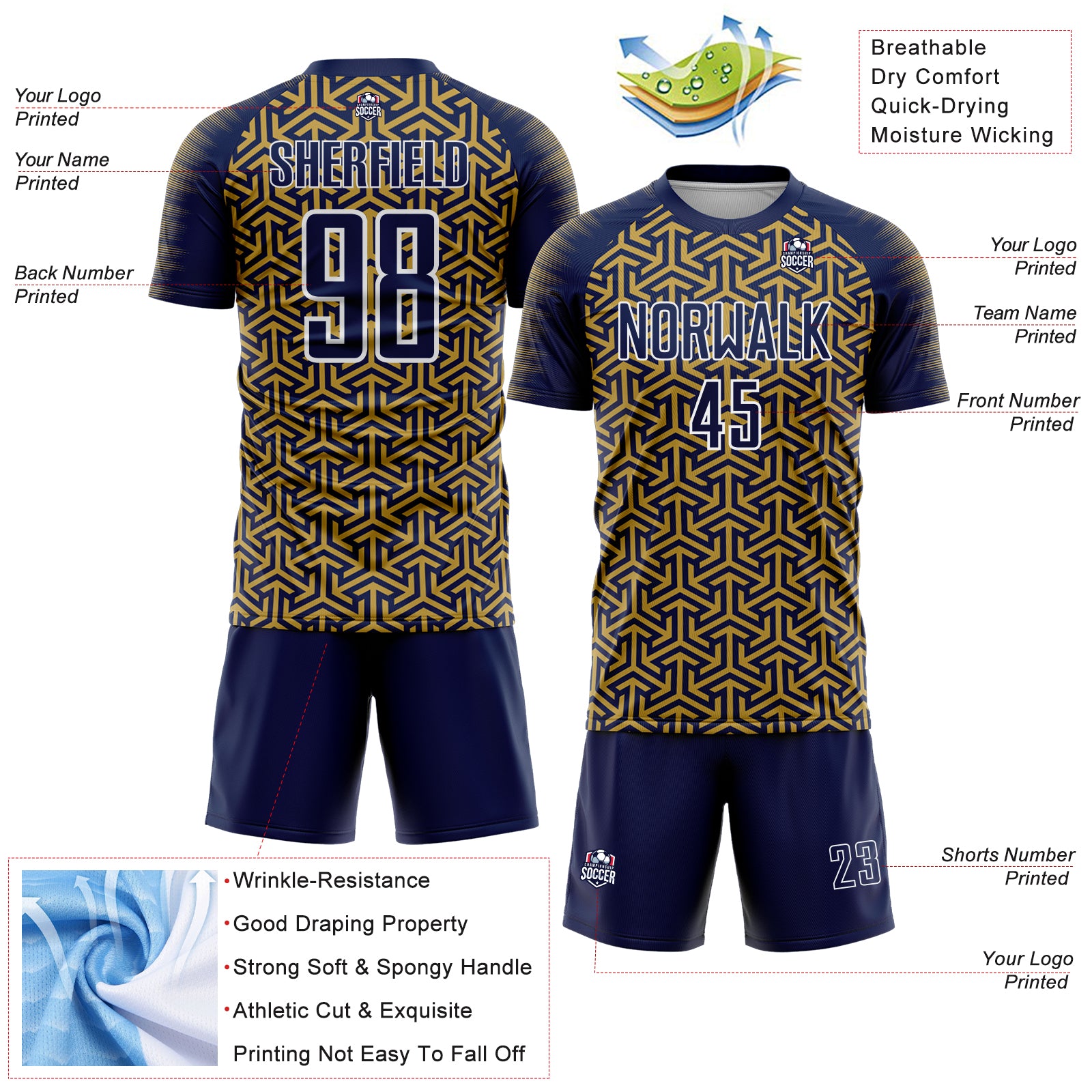 Custom Navy Old Gold-White Geometric Arrow Sublimation Soccer Uniform Jersey