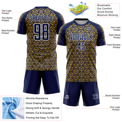 Custom Navy Old Gold-White Geometric Arrow Sublimation Soccer Uniform Jersey
