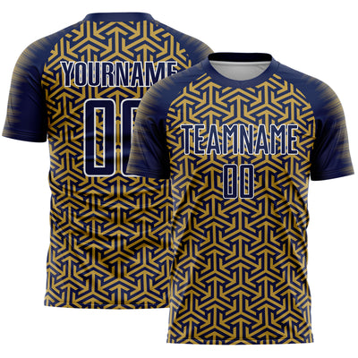 Custom Navy Old Gold-White Geometric Arrow Sublimation Soccer Uniform Jersey