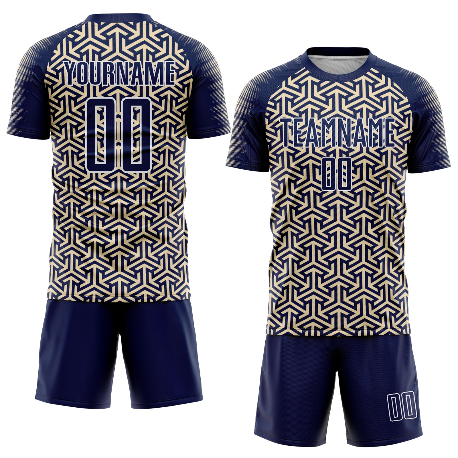 Custom Navy Cream-White Geometric Arrow Sublimation Soccer Uniform Jersey