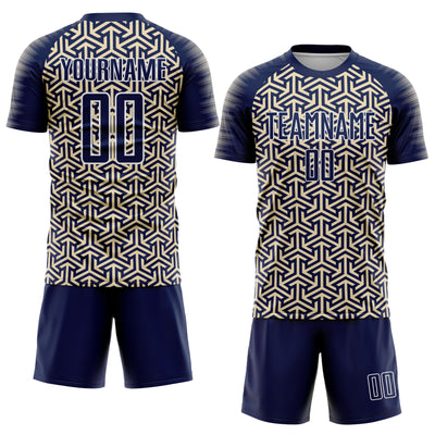 Custom Navy Cream-White Geometric Arrow Sublimation Soccer Uniform Jersey