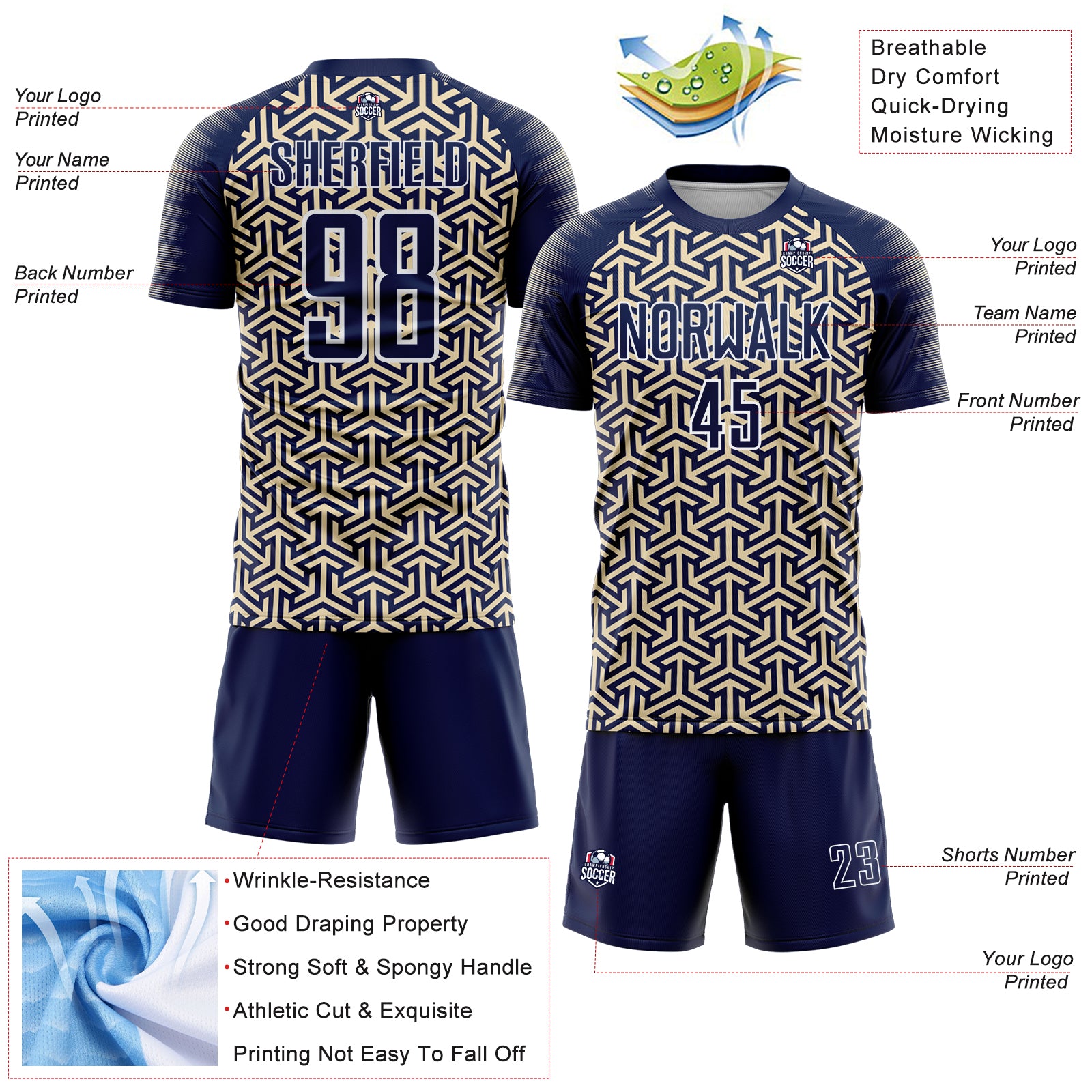 Custom Navy Cream-White Geometric Arrow Sublimation Soccer Uniform Jersey