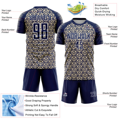 Custom Navy Cream-White Geometric Arrow Sublimation Soccer Uniform Jersey