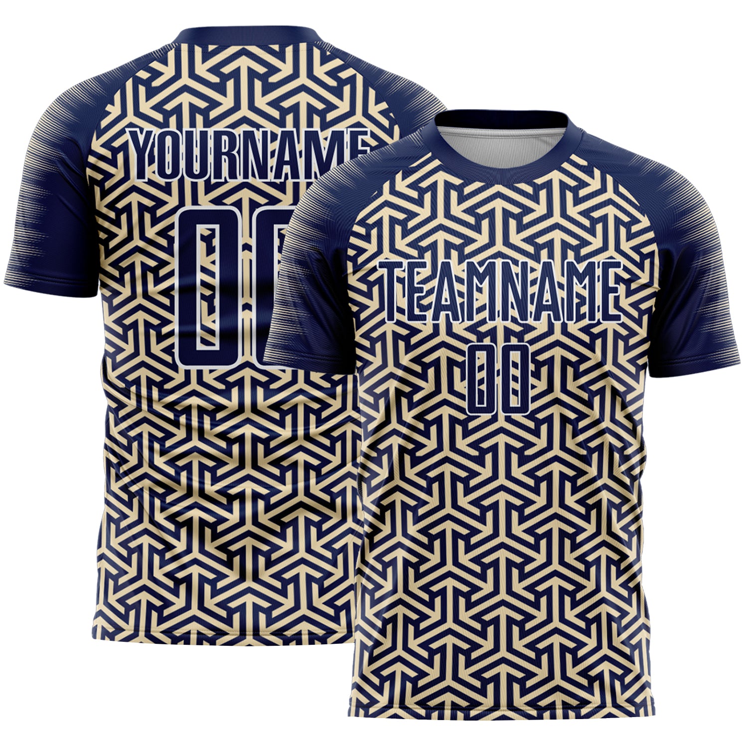 Custom Navy Cream-White Geometric Arrow Sublimation Soccer Uniform Jersey