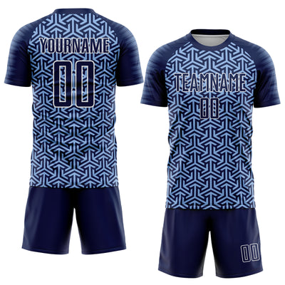 Custom Navy Light Blue-White Geometric Arrow Sublimation Soccer Uniform Jersey