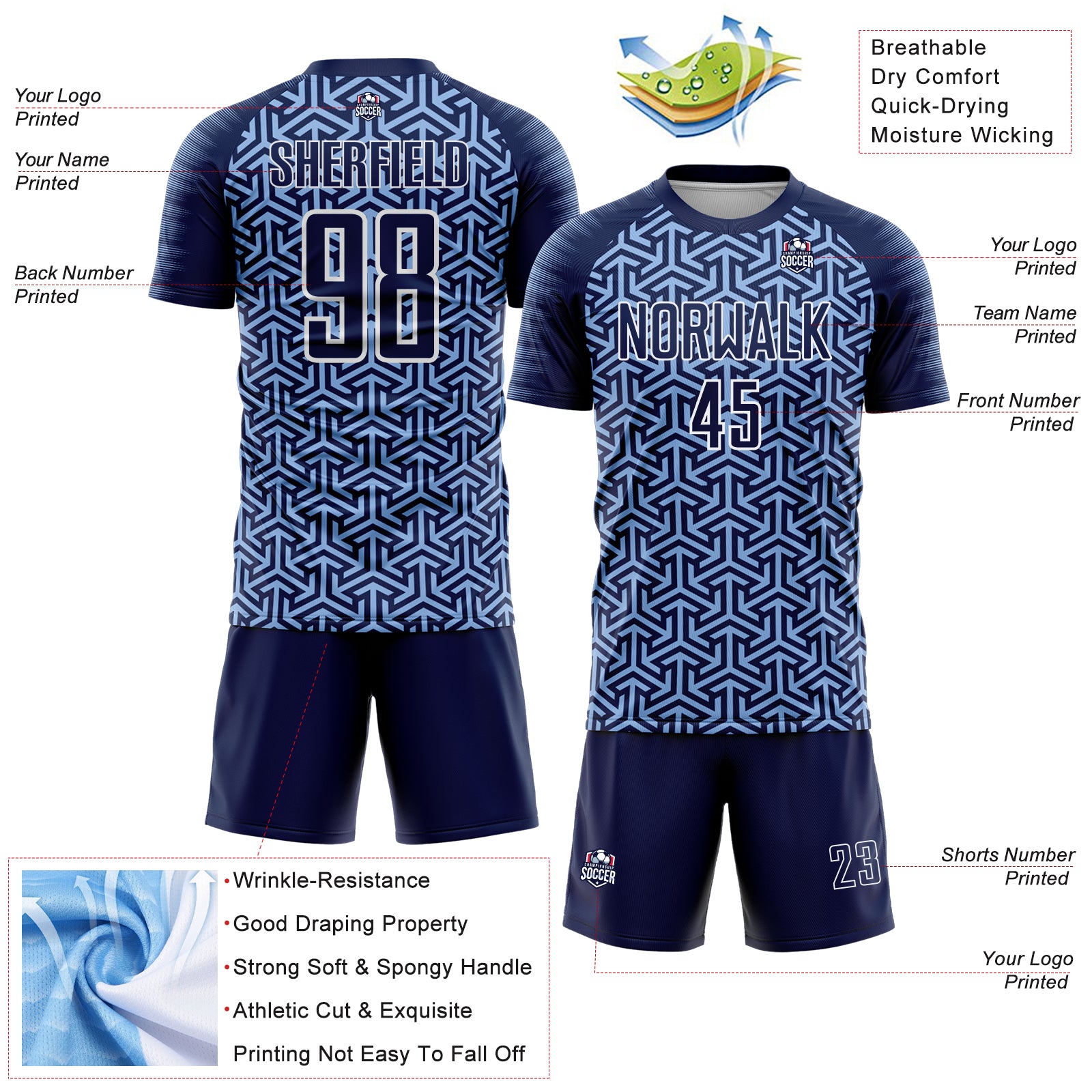 Custom Navy Light Blue-White Geometric Arrow Sublimation Soccer Uniform Jersey