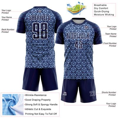 Custom Navy Light Blue-White Geometric Arrow Sublimation Soccer Uniform Jersey