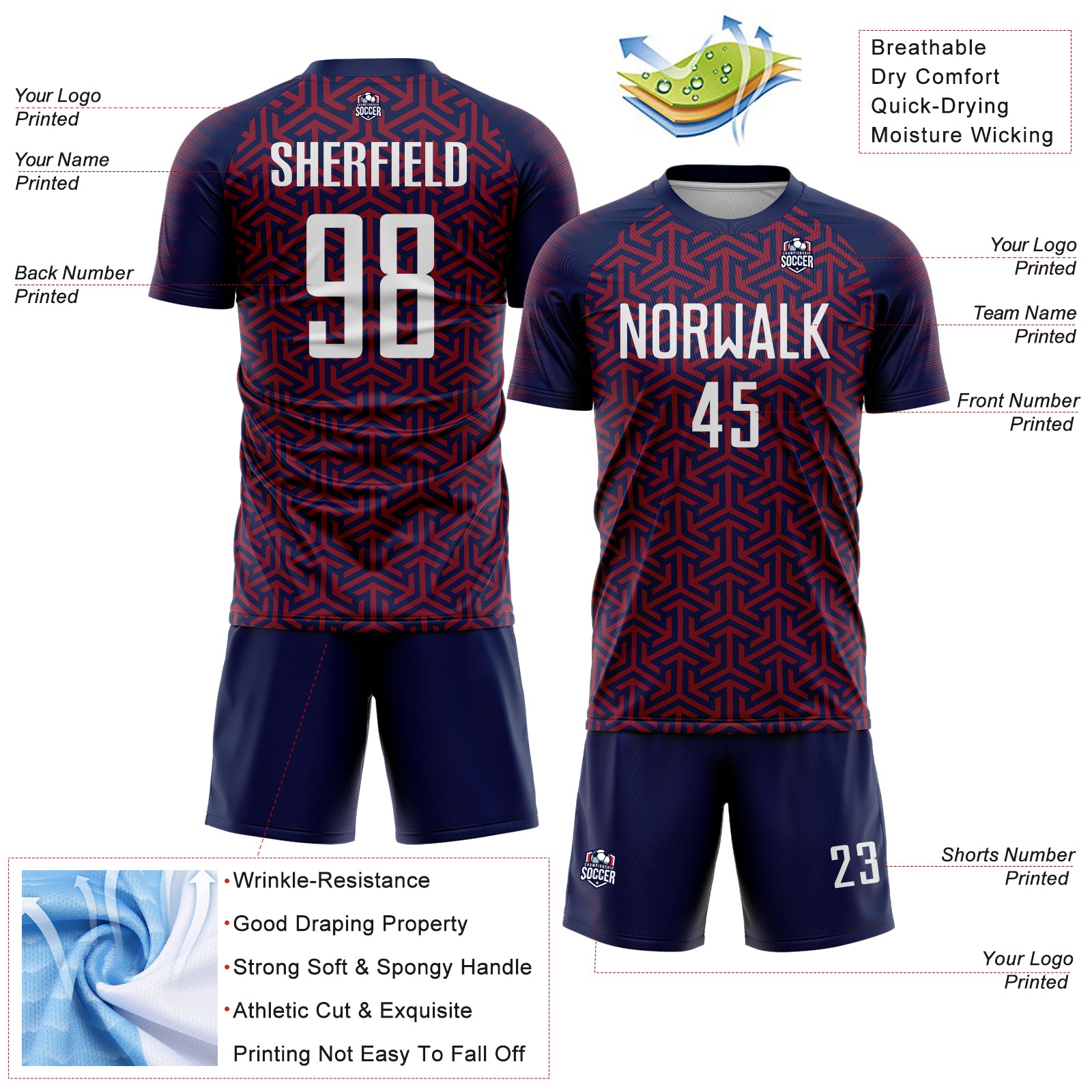 Custom Navy White-Crimson Geometric Arrow Sublimation Soccer Uniform Jersey