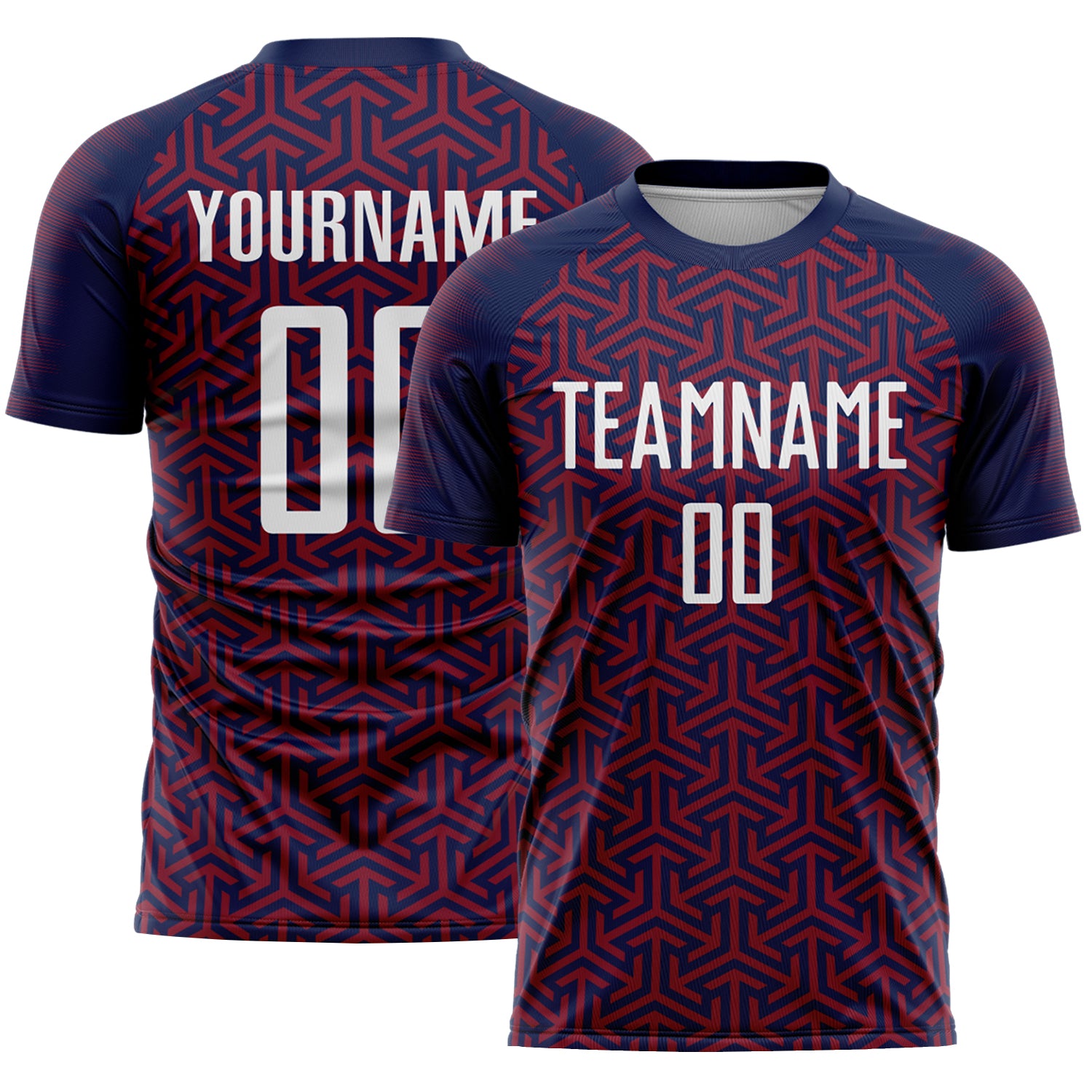 Custom Navy White-Crimson Geometric Arrow Sublimation Soccer Uniform Jersey