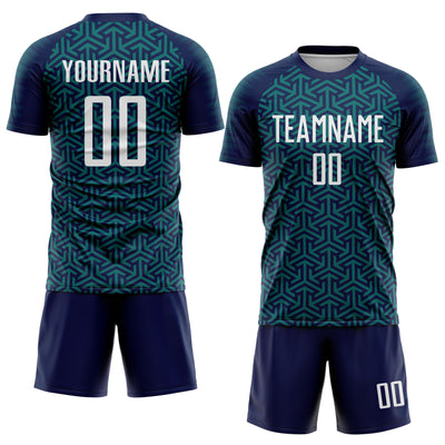 Custom Navy White-Teal Geometric Arrow Sublimation Soccer Uniform Jersey