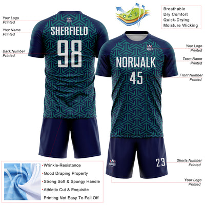 Custom Navy White-Teal Geometric Arrow Sublimation Soccer Uniform Jersey