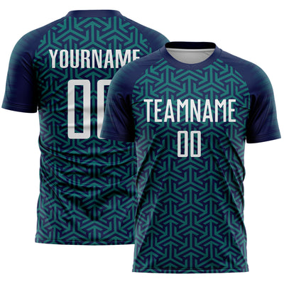 Custom Navy White-Teal Geometric Arrow Sublimation Soccer Uniform Jersey