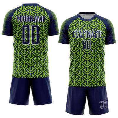 Custom Navy Neon Green-White Geometric Arrow Sublimation Soccer Uniform Jersey