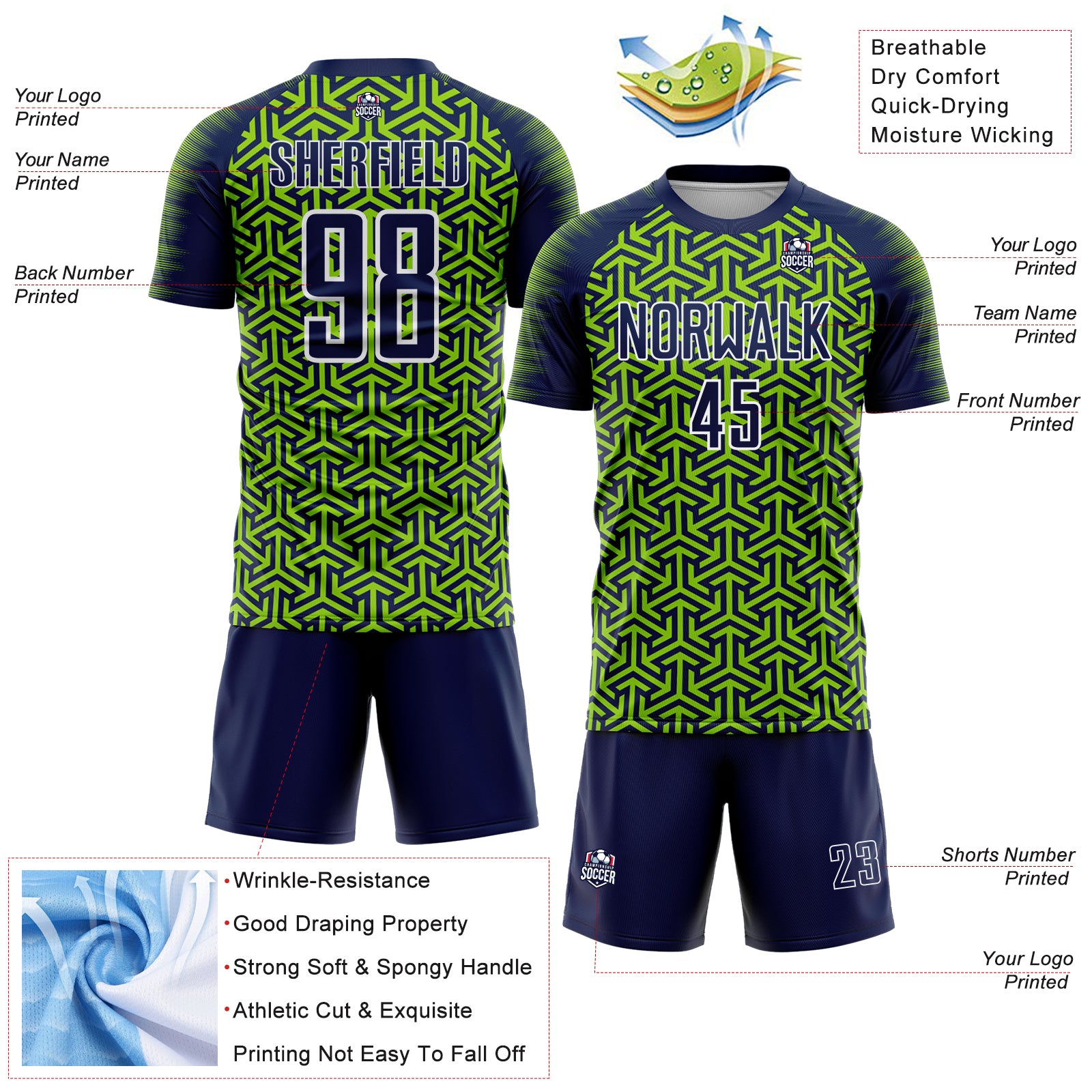 Custom Navy Neon Green-White Geometric Arrow Sublimation Soccer Uniform Jersey