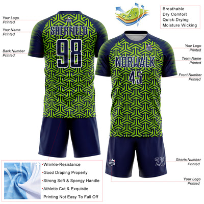 Custom Navy Neon Green-White Geometric Arrow Sublimation Soccer Uniform Jersey