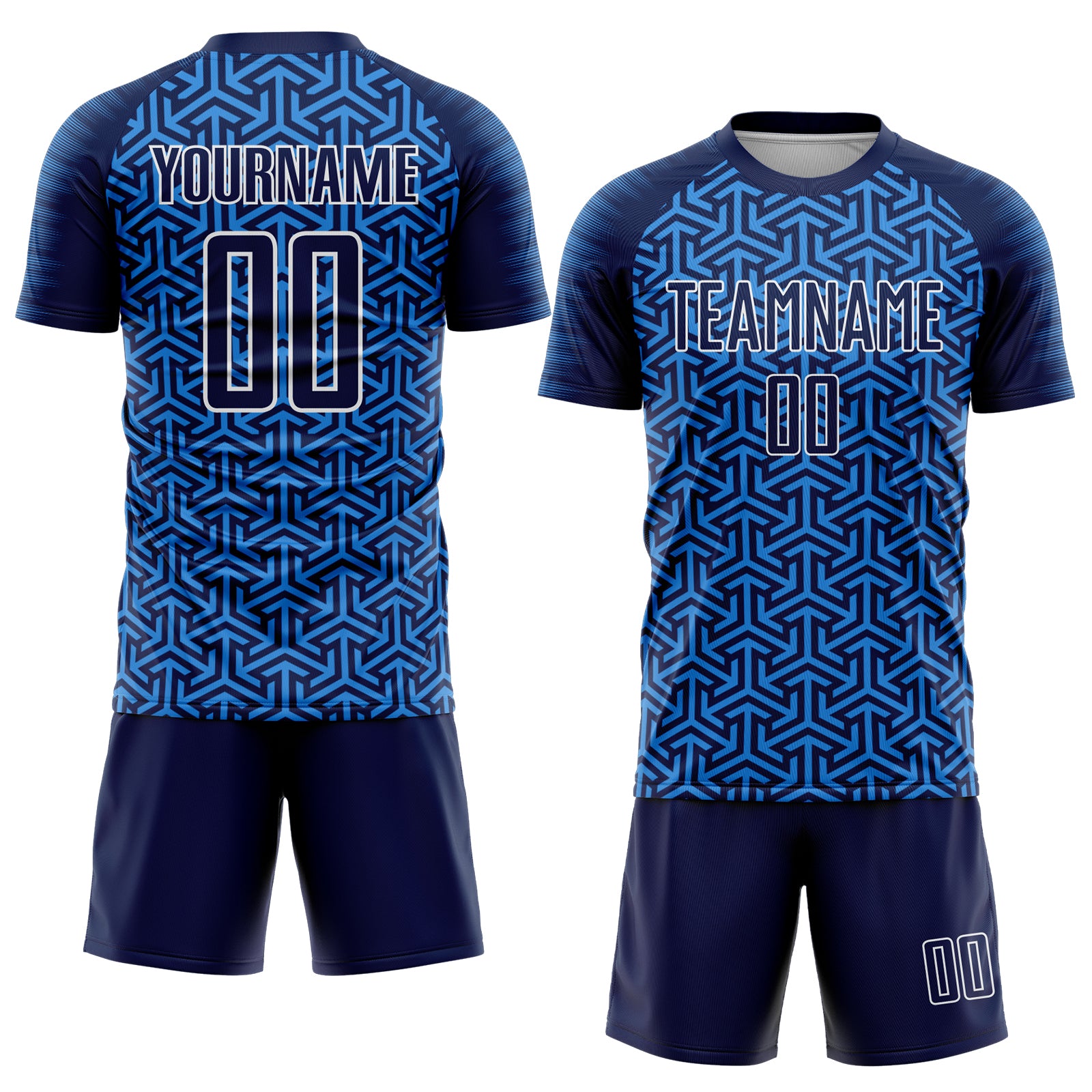Custom Navy Powder Blue-White Geometric Arrow Sublimation Soccer Uniform Jersey