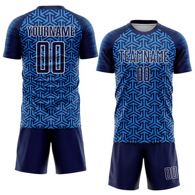Custom Navy Powder Blue-White Geometric Arrow Sublimation Soccer Uniform Jersey