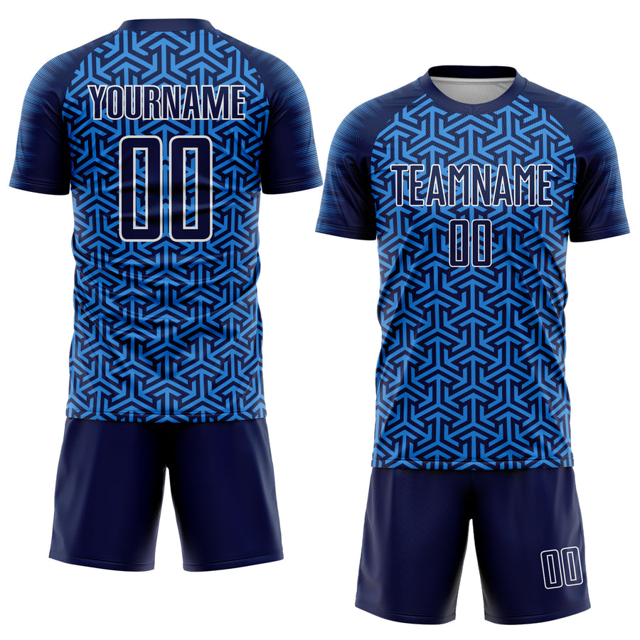 Custom Navy Powder Blue-White Geometric Arrow Sublimation Soccer Uniform Jersey