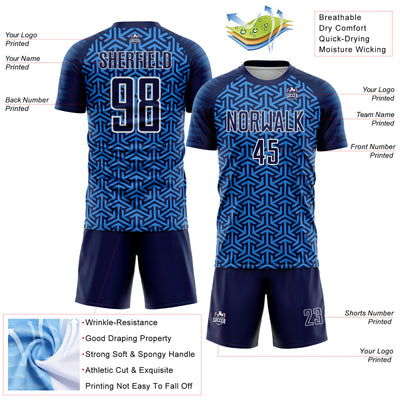 Custom Navy Powder Blue-White Geometric Arrow Sublimation Soccer Uniform Jersey