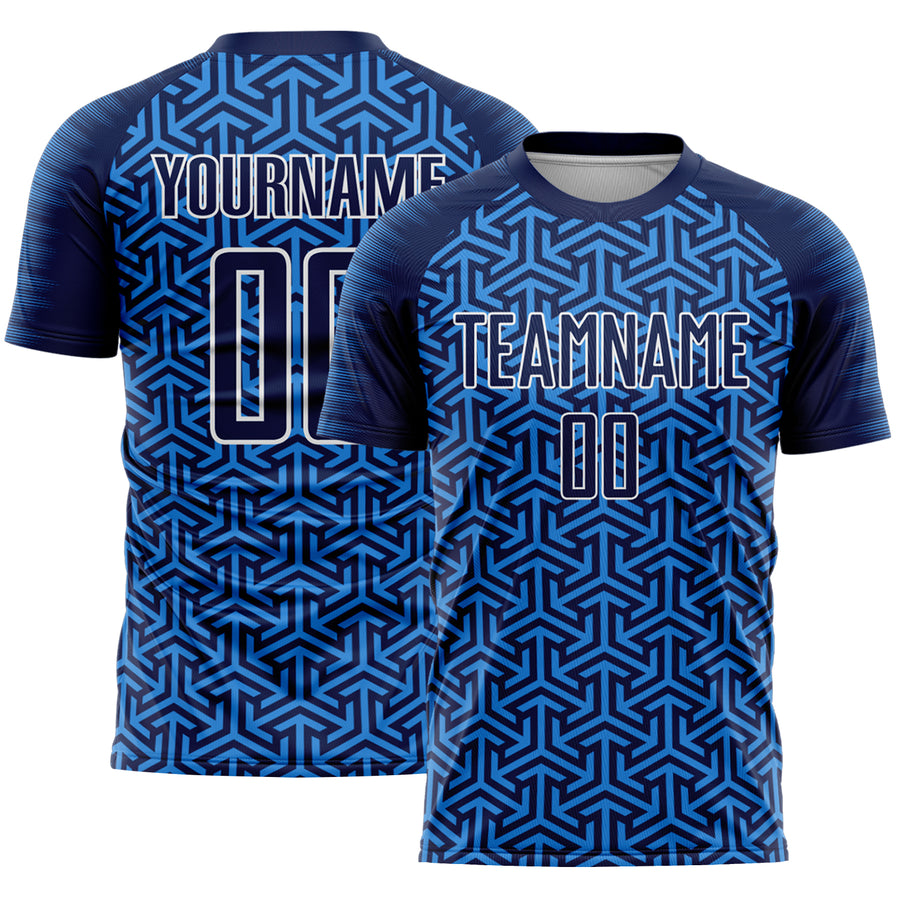 Custom Navy Powder Blue-White Geometric Arrow Sublimation Soccer Uniform Jersey