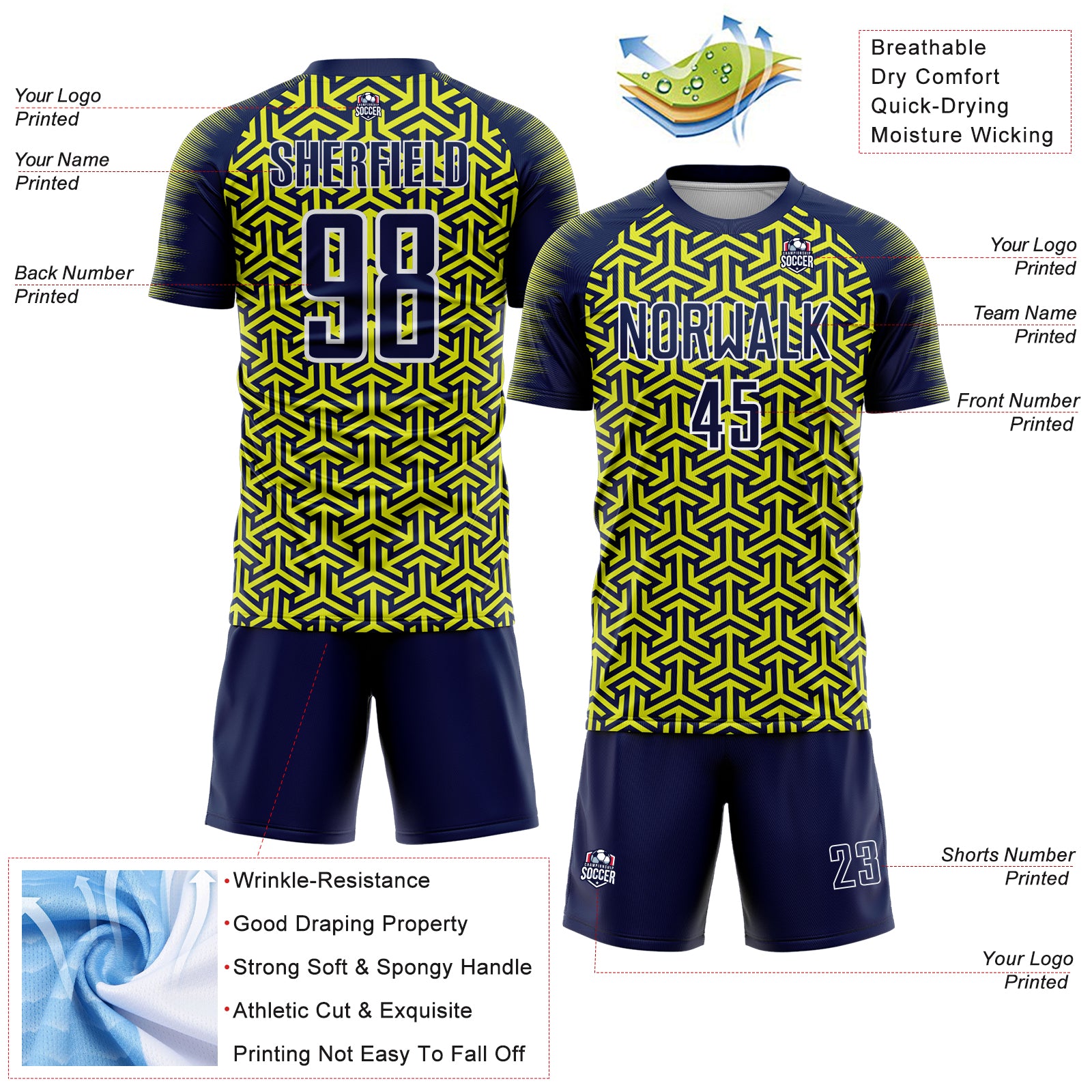 Custom Navy Neon Yellow-White Geometric Arrow Sublimation Soccer Uniform Jersey