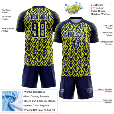 Custom Navy Neon Yellow-White Geometric Arrow Sublimation Soccer Uniform Jersey