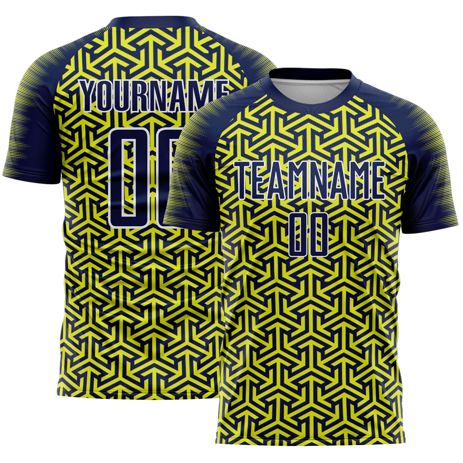 Custom Navy Neon Yellow-White Geometric Arrow Sublimation Soccer Uniform Jersey