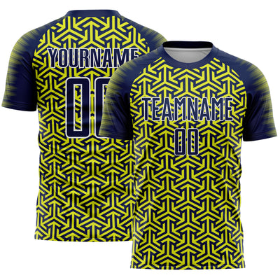Custom Navy Neon Yellow-White Geometric Arrow Sublimation Soccer Uniform Jersey