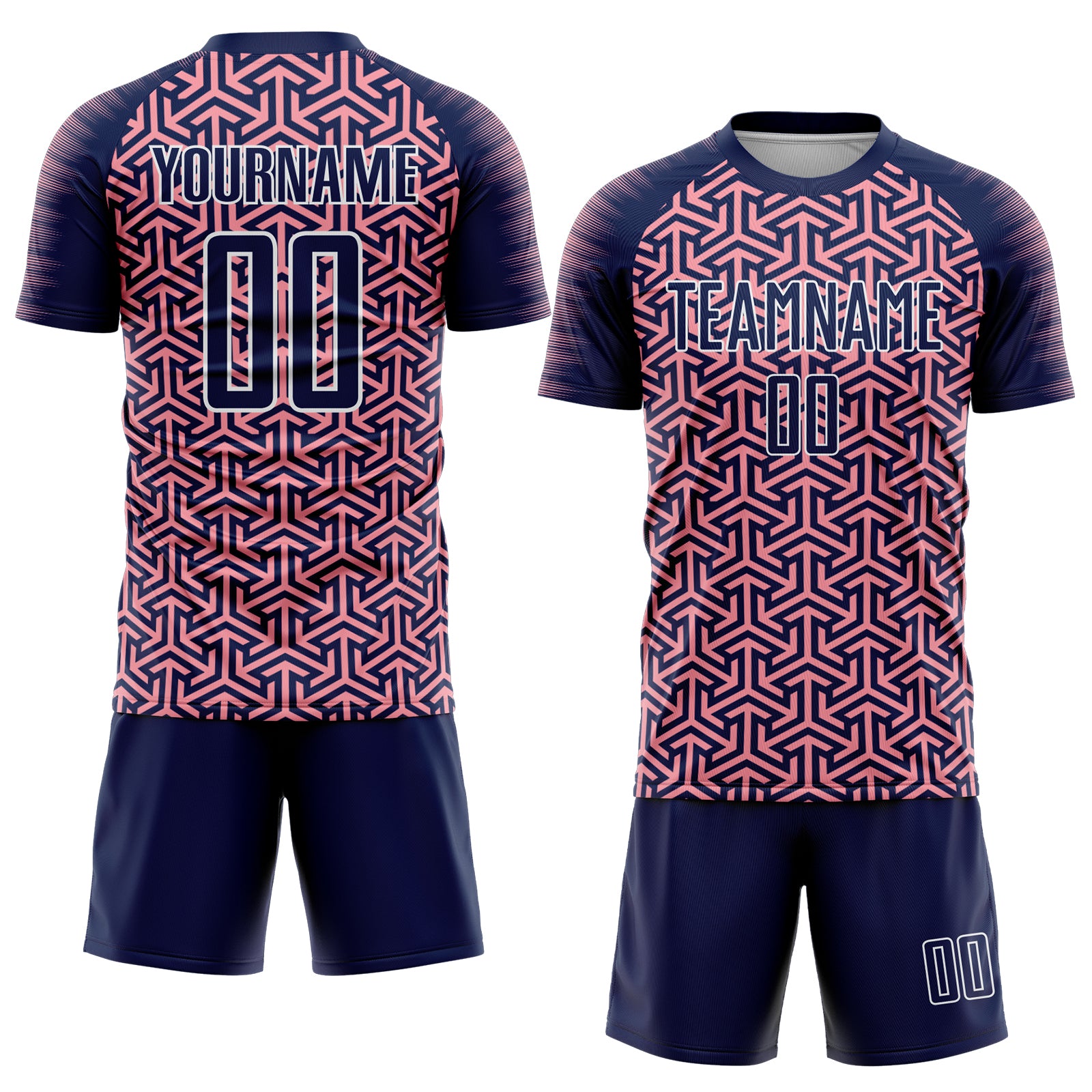 Custom Navy Medium Pink-White Geometric Arrow Sublimation Soccer Uniform Jersey
