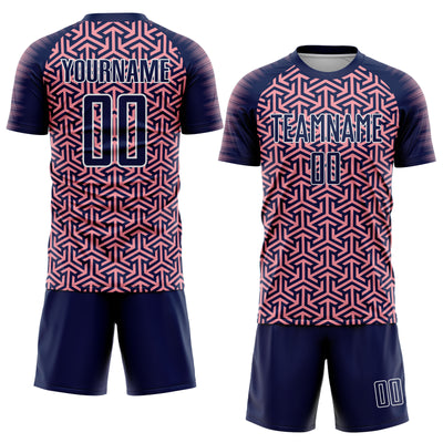 Custom Navy Medium Pink-White Geometric Arrow Sublimation Soccer Uniform Jersey
