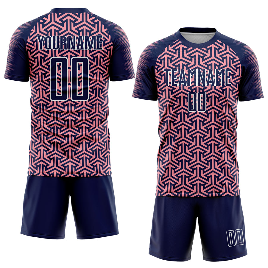 Custom Navy Medium Pink-White Geometric Arrow Sublimation Soccer Uniform Jersey