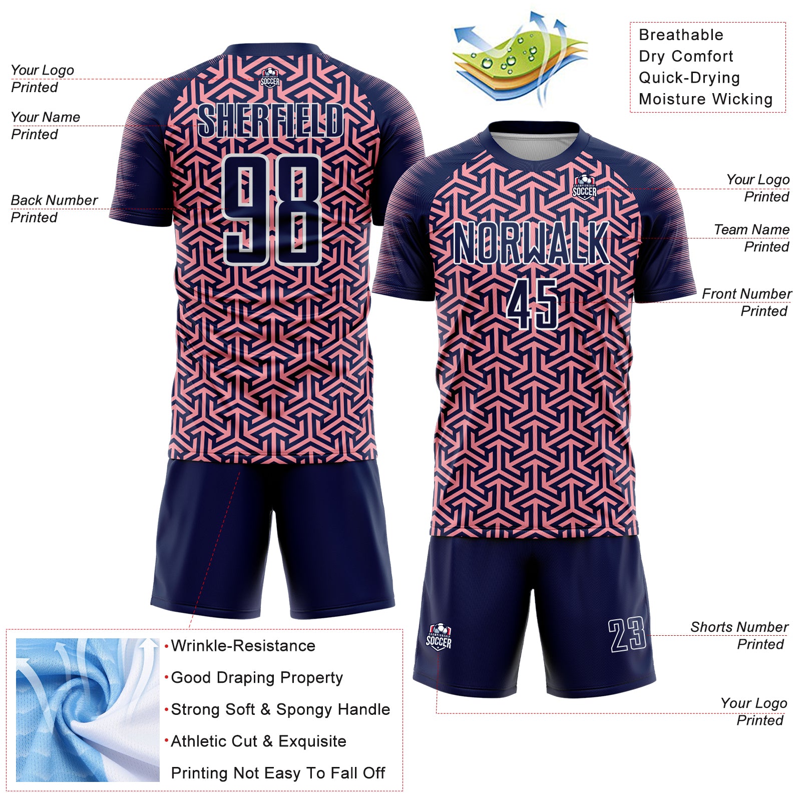 Custom Navy Medium Pink-White Geometric Arrow Sublimation Soccer Uniform Jersey