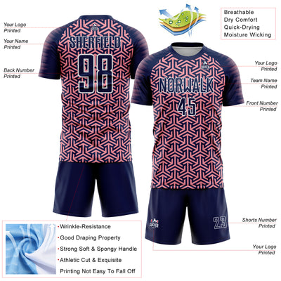 Custom Navy Medium Pink-White Geometric Arrow Sublimation Soccer Uniform Jersey